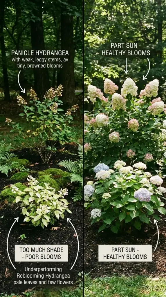 Panicle and reblooming hydrangeas struggling in deep shade with weak blooms and leggy growth