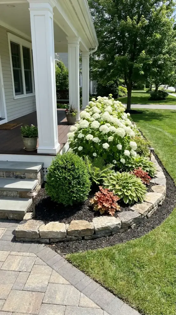 Porch corner hydrangea anchor bed with evergreen structure for a narrow front yard