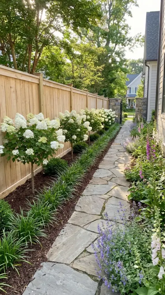 white hydrangea fence-line landscaping for a narrow side yard with liriope edging and mulch
