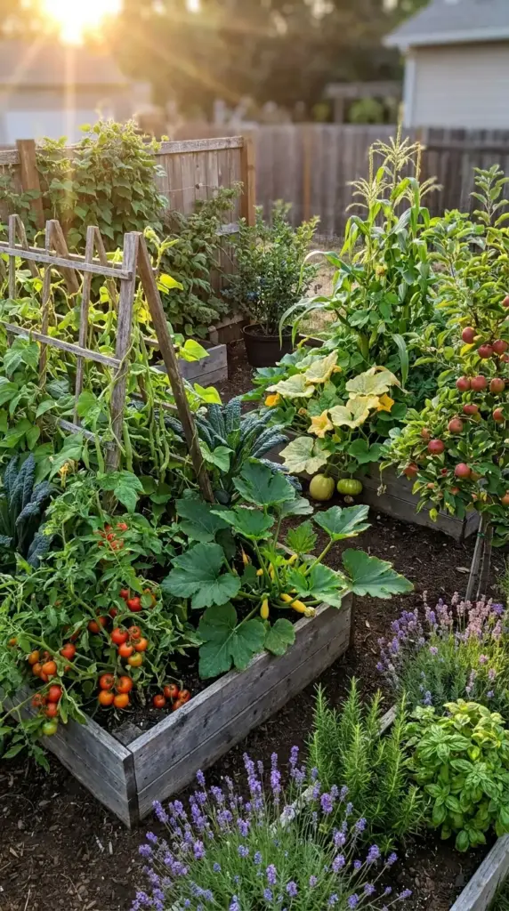A productive mini farm in less than half an acre using companion planting and vertical trellises to grow tomatoes, corn, and fruit trees in a small backyard.