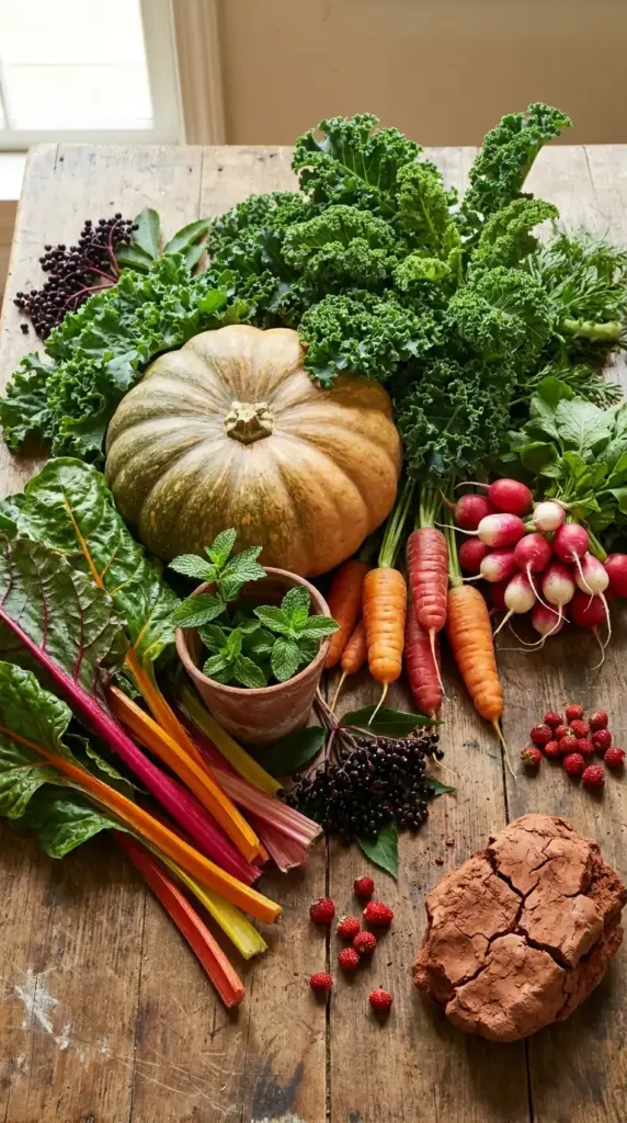 A diverse vegetable harvest from a mini farm on poor or clay soil, featuring a pumpkin, Swiss chard, and carrots next to a sample of cracked red clay earth.
