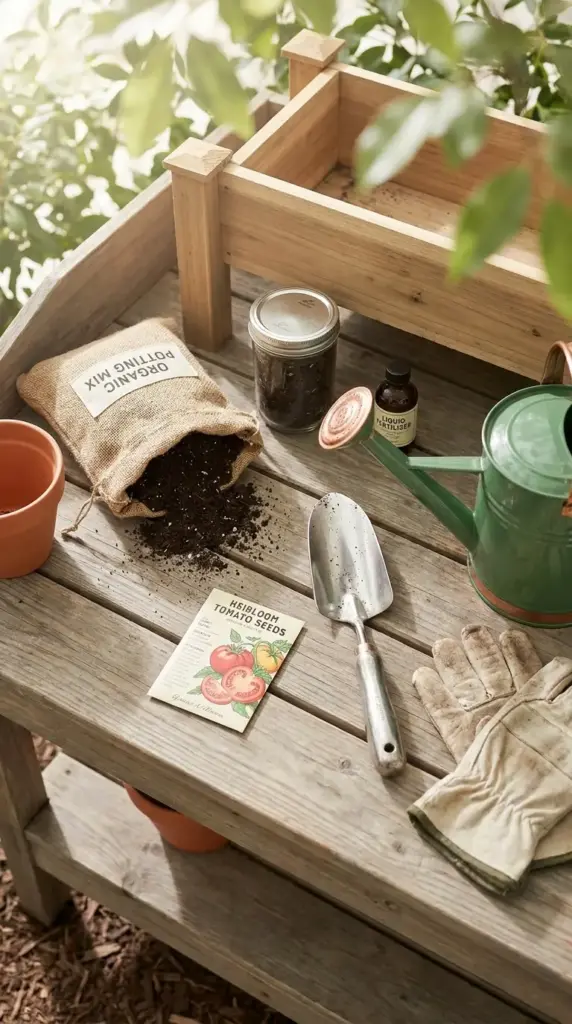 Essential supplies for a mini farm with fast-growing veggies including organic potting mix, tomato seeds, a trowel, and a watering can on a potting bench.