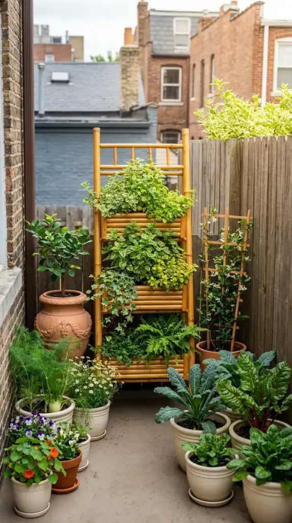 A vertical mini farm with limited sunlight on a city balcony featuring a bamboo tiered planter, kale, Swiss chard, and herbs in a shaded urban space.