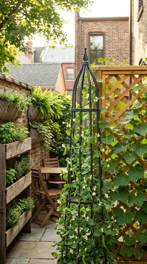 A vertical mini farm for HOA neighborhoods utilizing trellises and wall-mounted herb planters in a small paved backyard patio.