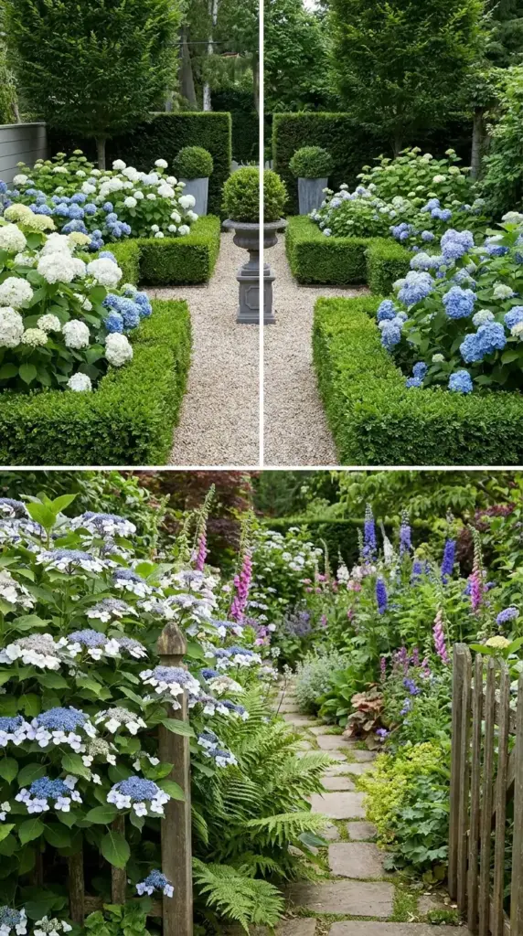 Formal garden mophead hydrangea and cottage garden lacecap hydrangea style comparison