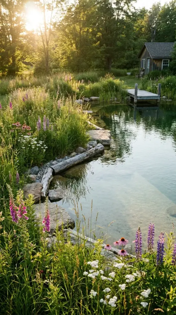 Wild meadow swim pond with native plants, soft edges, and pollinator-friendly natural pool landscaping