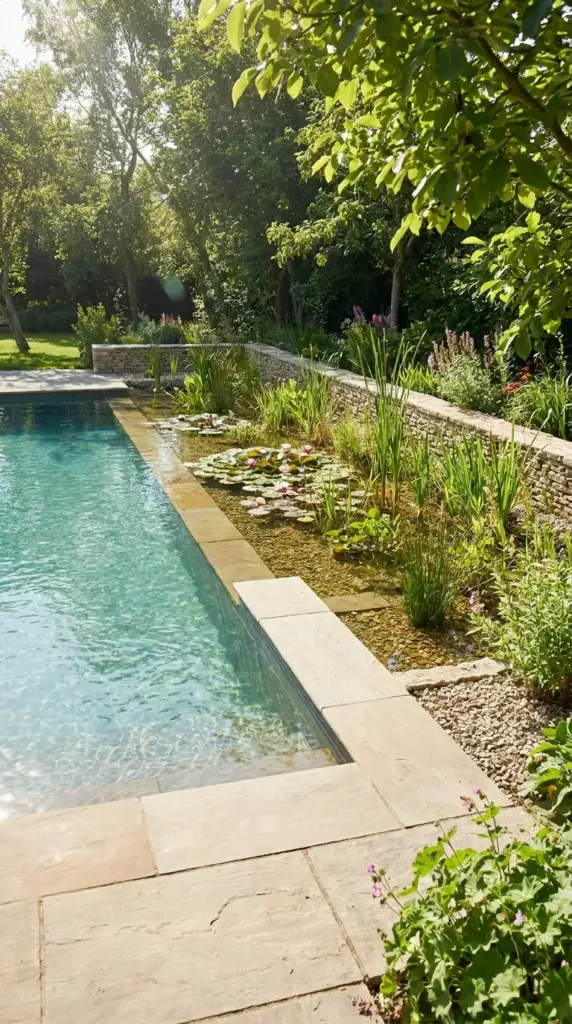 Natural pool regeneration zone with aquatic plants, gravel filtration, and clear chemical-free swimming water