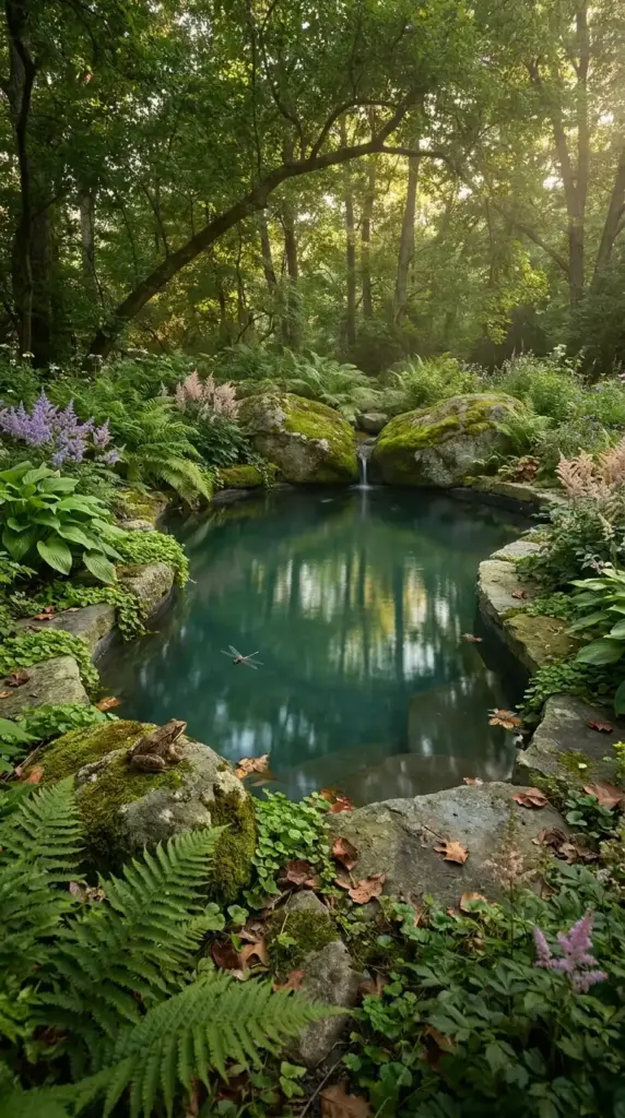 Woodland natural pool ideas featuring a mossy rock waterfall, ferns, and purple astilbe surrounding a secluded swimming pond.