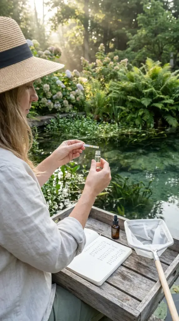Testing natural pool water for pH, phosphate, nitrate, and ammonia before treating green water