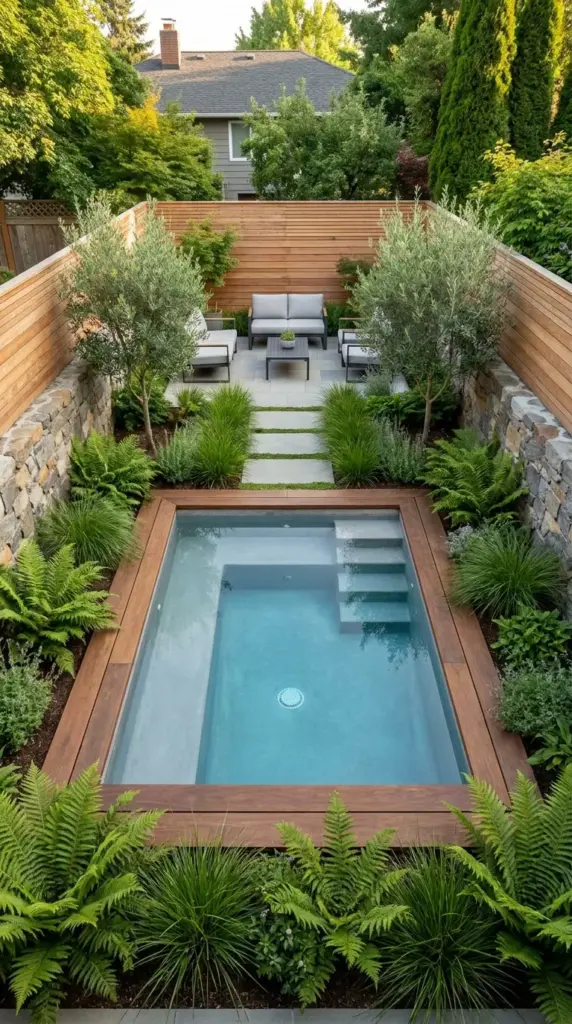 Compact plunge pool design for a small urban garden with built-in seating and space-saving layout