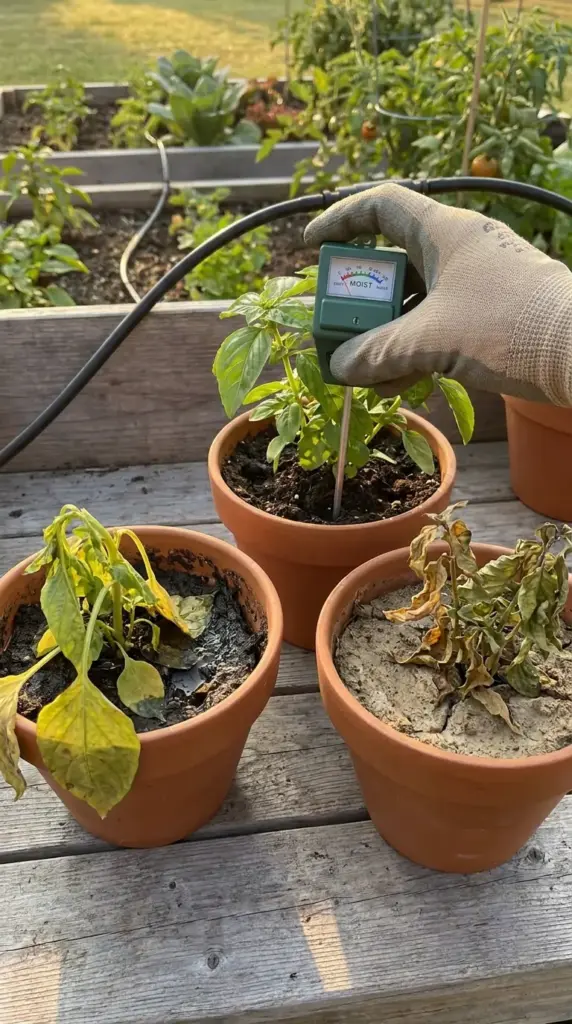 Essential garden help showing a soil moisture meter testing a healthy plant compared to overwatered and underwatered potted plants.
