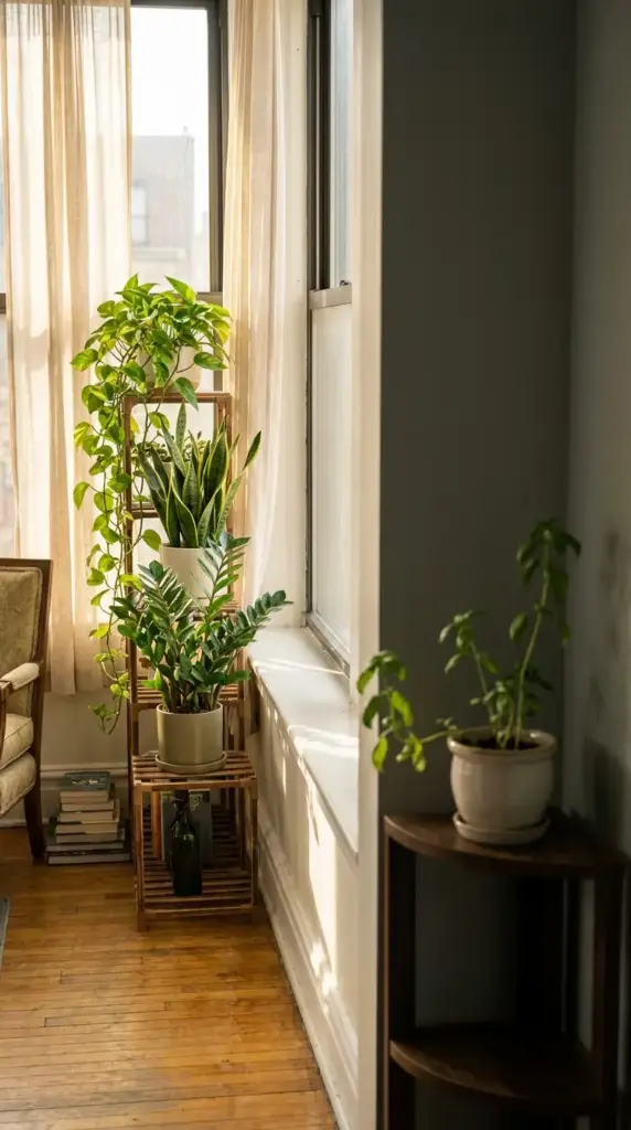 Indoor garden help for beginners featuring low-light plants like pothos and snake plants on a wooden stand in a sunlit room.