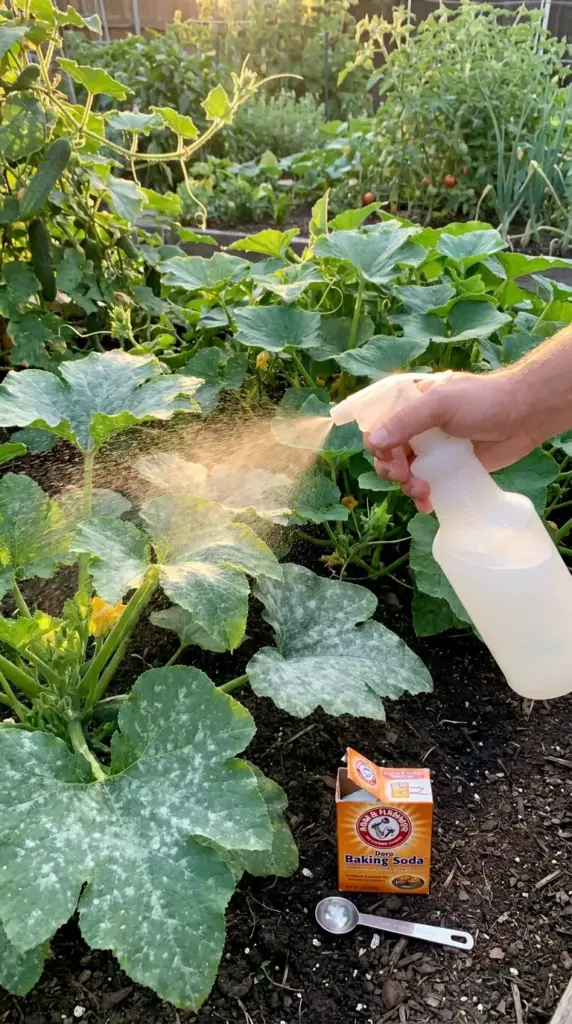 Practical garden help with household items showing a person using a baking soda spray to treat powdery mildew on squash leaves.
