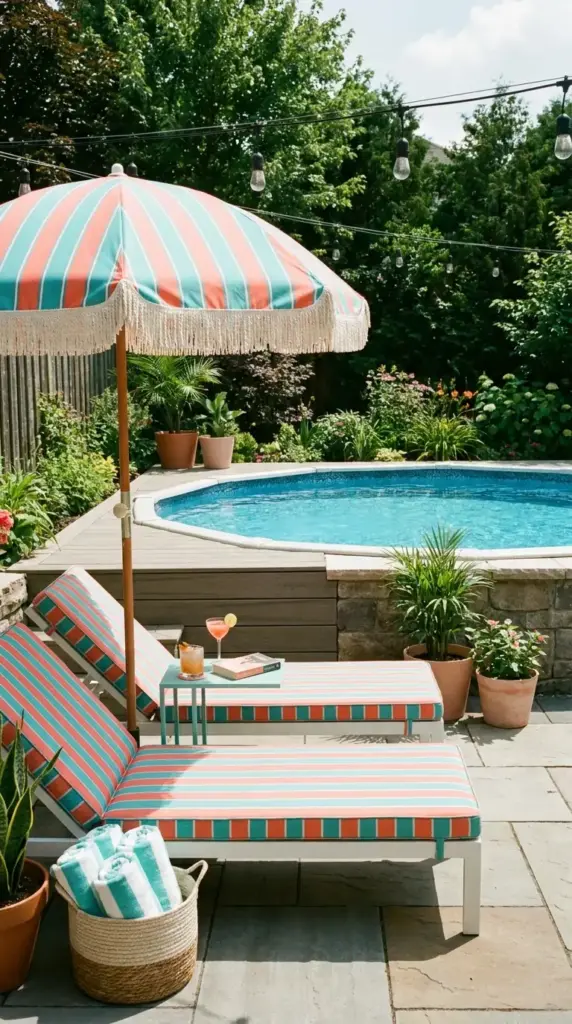 Boutique hotel style poolside lounge for an above ground pool backyard makeover