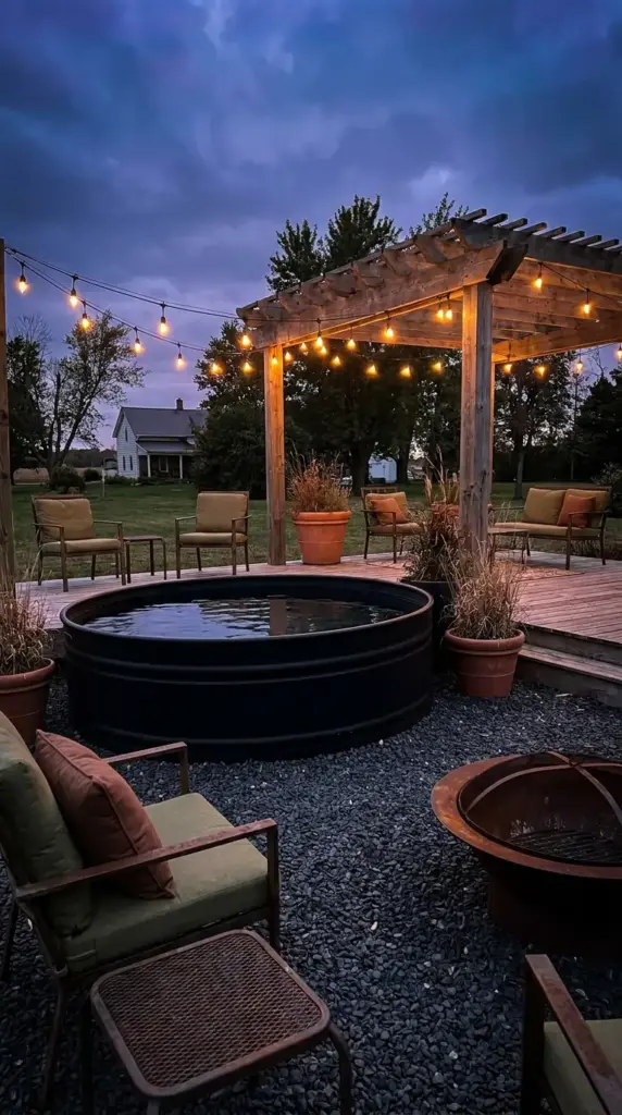 Matte black stock tank pool with charcoal gravel and string lights for a moody industrial backyard