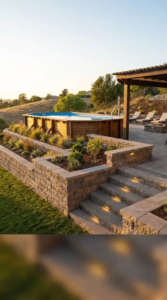 Retaining wall pool design for sloped yards with capstone seating, lighting, and hillside landscaping