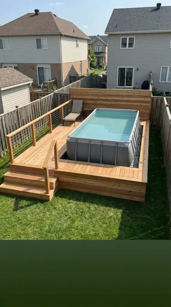 Mini wraparound deck for an above ground pool in a small suburban backyard