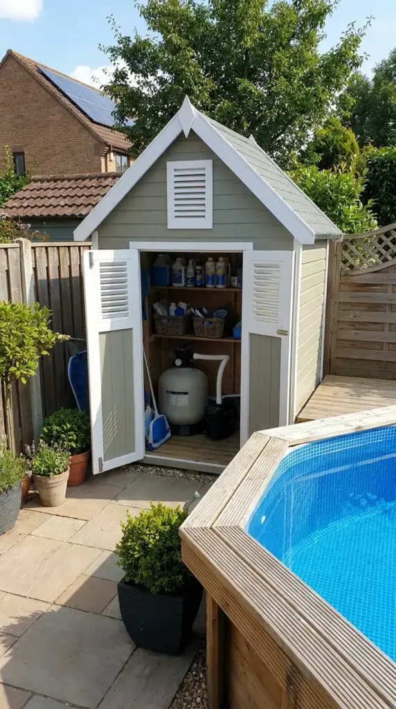 Compact pool equipment shed hiding above ground pool pump filter and supplies