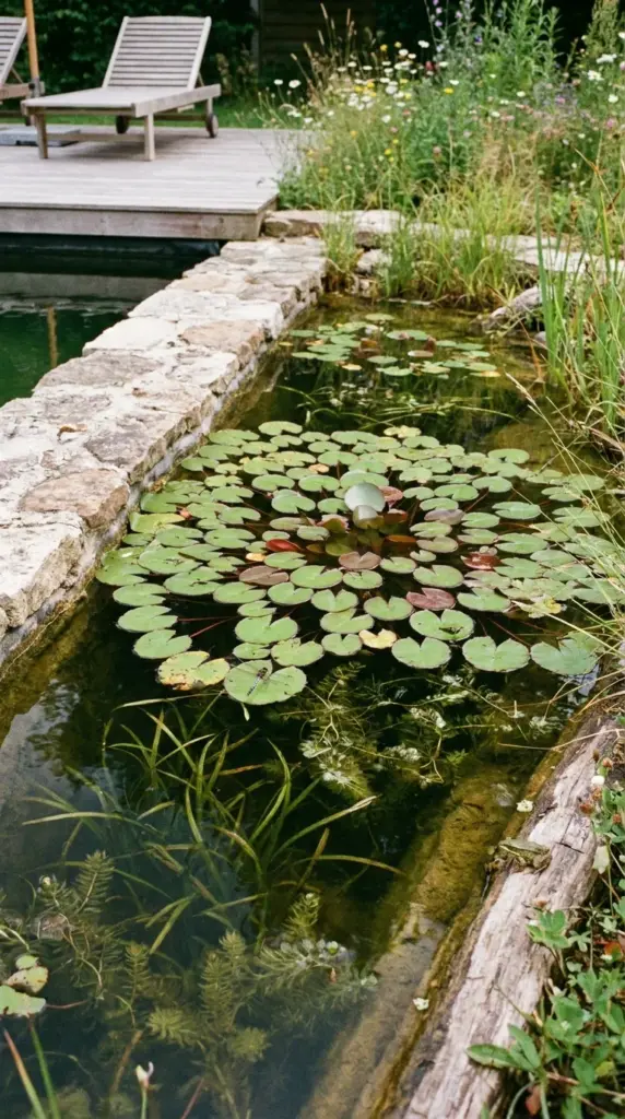 Watershield floating plant adding shade and natural surface coverage in a clear natural pool