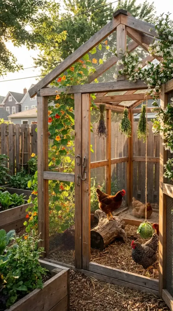 A functional walk-in coop and run for a backyard mini farm with chickens featuring hanging herb bundles, a cabbage treat, and climbing flowers.