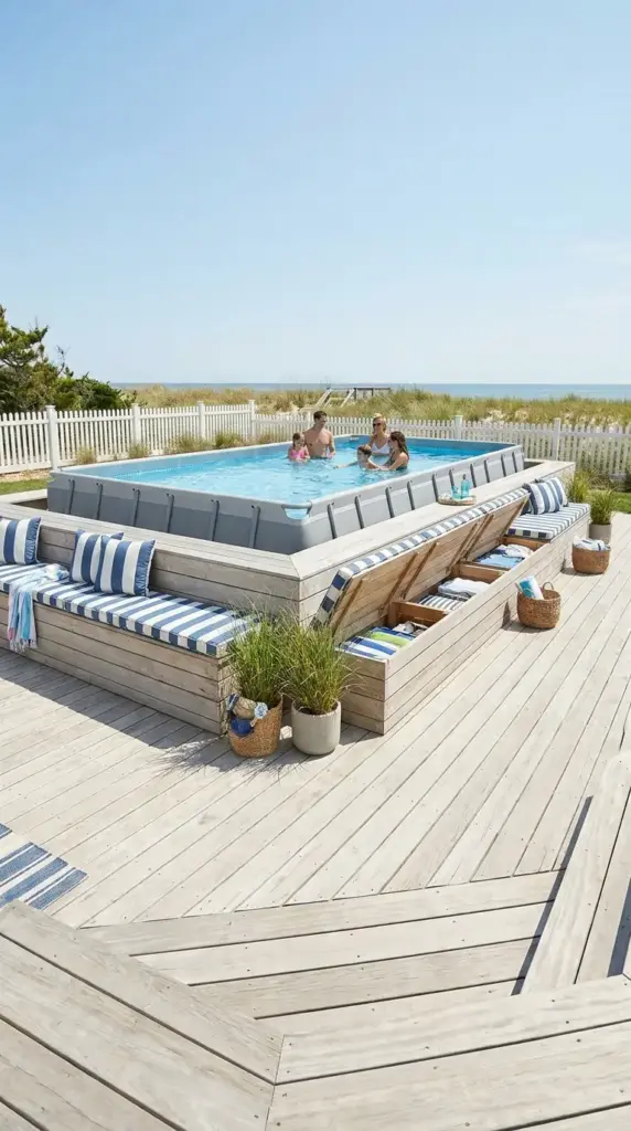 Built-in bench seating on a white wash wood pool deck with hidden storage and coastal outdoor cushions