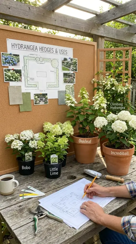 Choosing hydrangea varieties for a full blooming shade hedge based on size and garden use