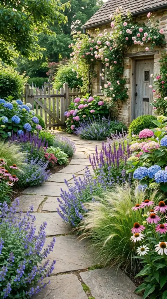 Cottage garden front yard with hydrangeas and companion plants in a layered flower bed