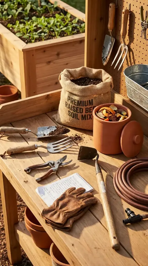 Potting bench supplies for a mini farm in less than half an acre featuring raised bed soil mix, a compost crock, and hand tools for small-space gardening.