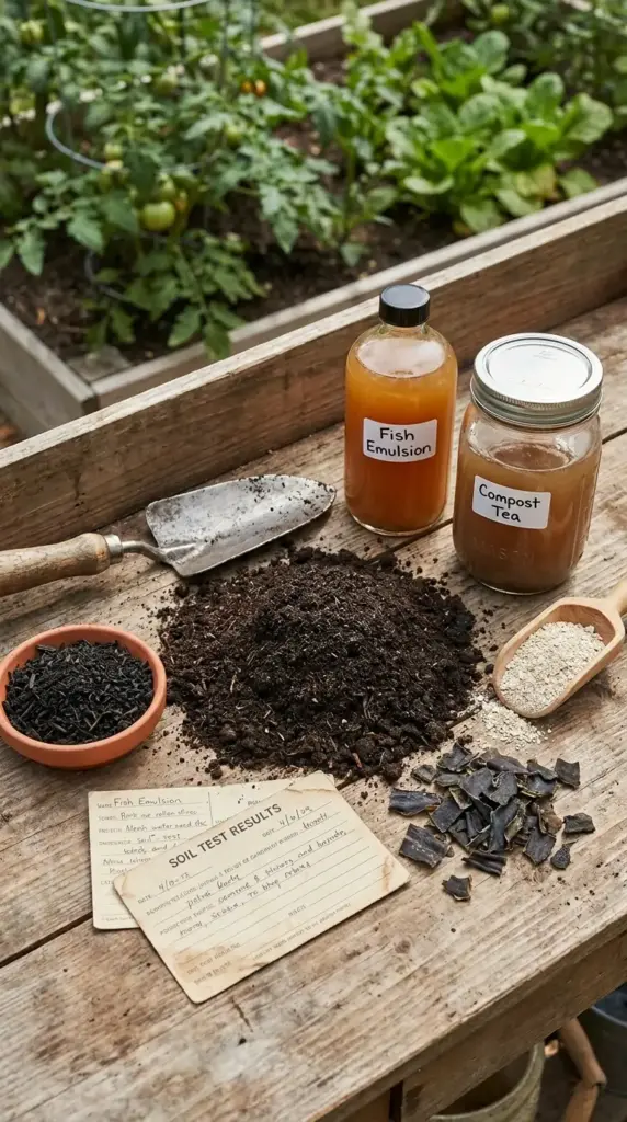 Organic soil amendments including fish emulsion and compost tea for a mini farm on poor or clay soil, alongside soil test results and biochar.