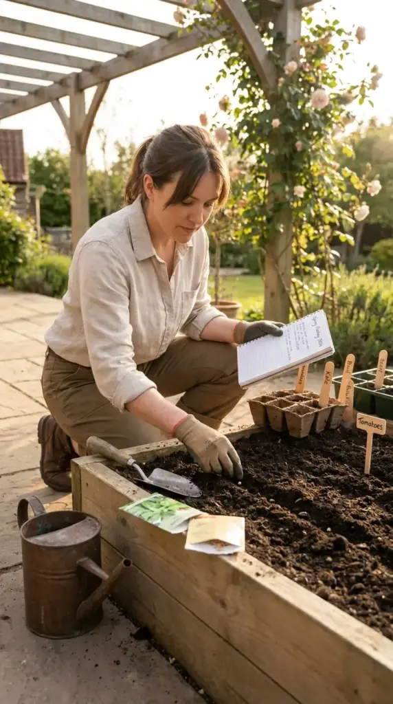 A woman planting seeds and tracking progress in her journal for a mini farm with fast-growing veggies in a backyard raised bed.