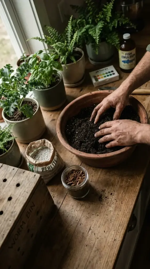 Preparing soil for an indoor mini farm with limited sunlight using perlite, fish emulsion, and compost to grow kale and herbs in pots.