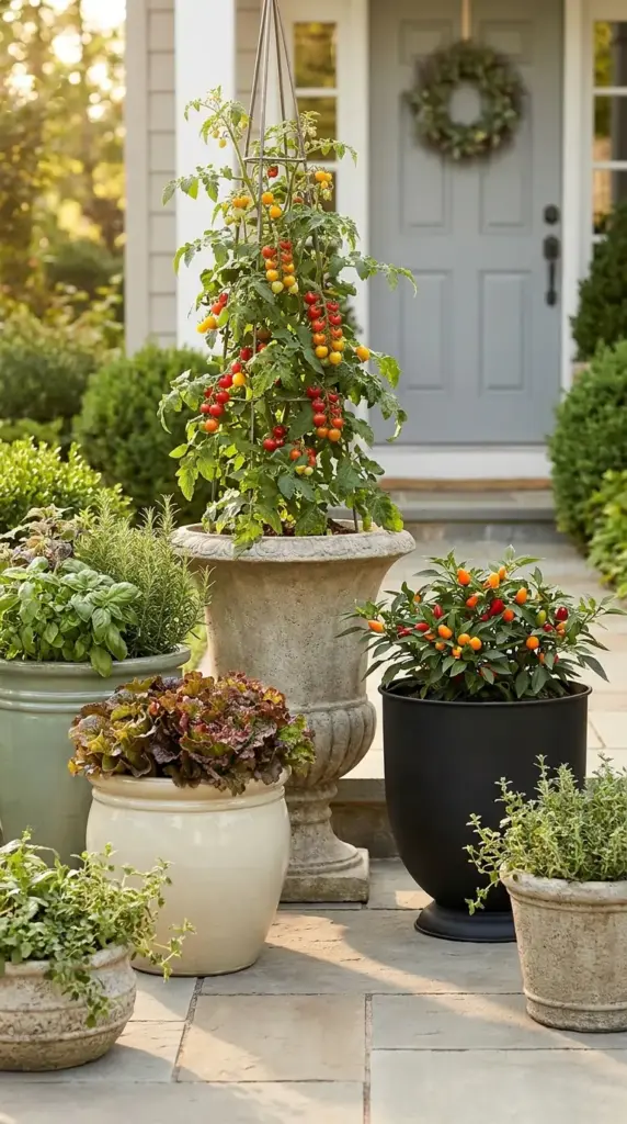 An elegant container-based mini farm for HOA neighborhoods featuring tomatoes, peppers, and herbs in decorative porch planters.