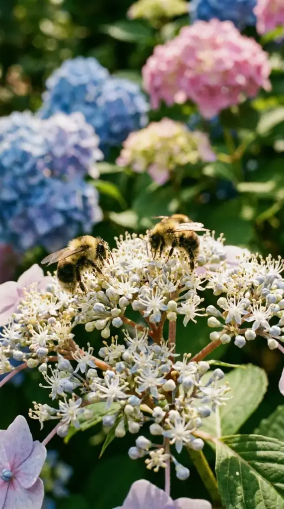 Bees on lacecap hydrangea showing pollinator-friendly hydrangea flowers compared with mophead blooms