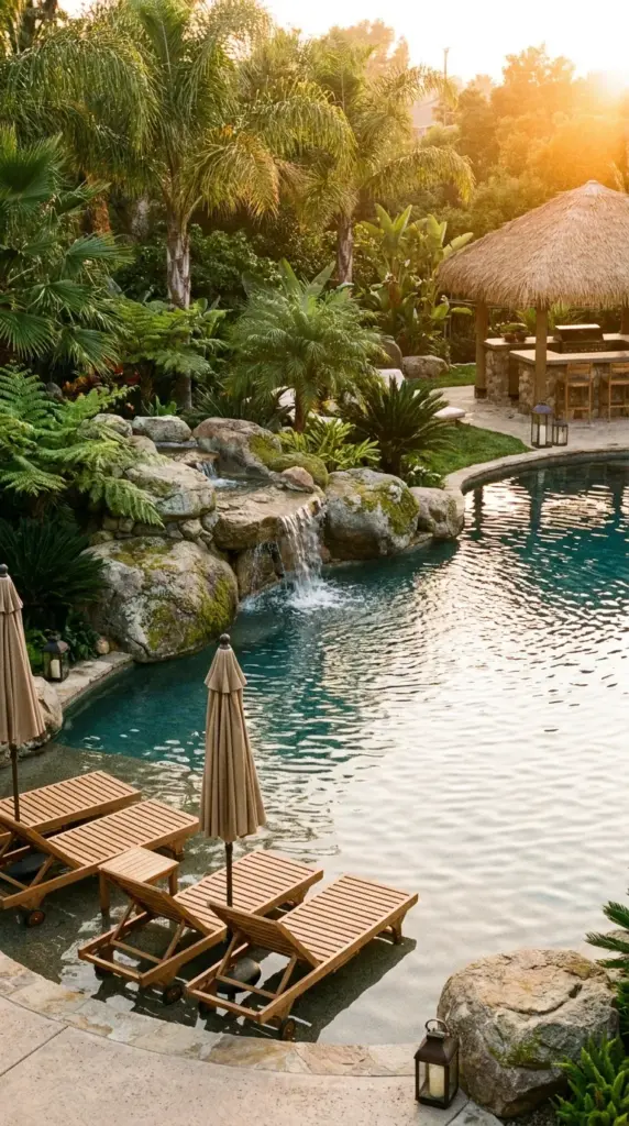 Resort-style natural pool with waterfall, sun shelf, lush landscaping, and luxury backyard oasis design