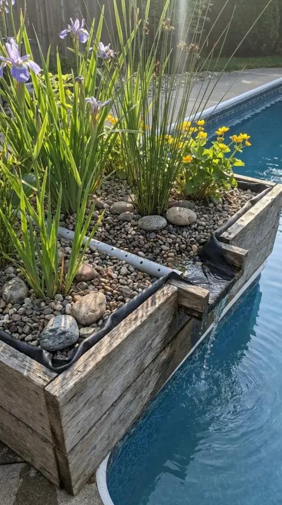 DIY bog filter for natural pool filtration with gravel bed, wetland plants, and upflow water circulation