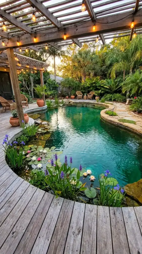 Tropical backyard natural pool ideas featuring a regeneration zone with water lilies, a wooden pergola with string lights, and a stone path.