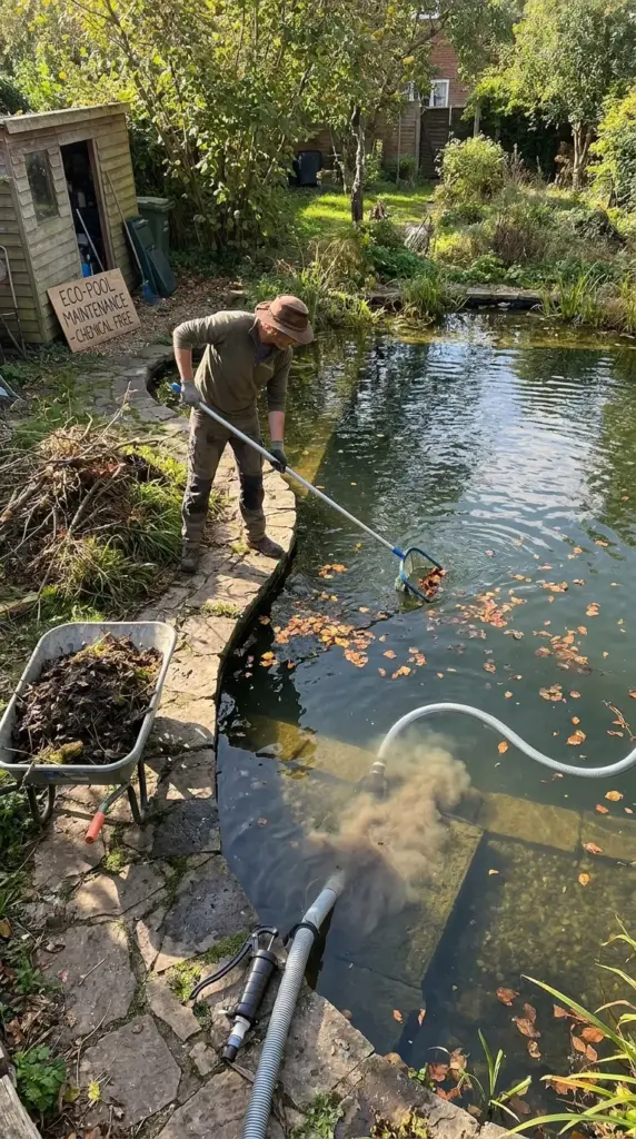 Removing leaves, sludge, and organic debris to stop nutrients feeding algae in a natural pool
