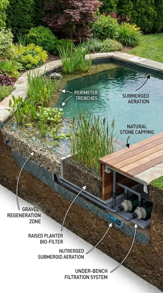 Small natural pool with hidden regeneration zone, gravel filtration, and built-in planter biofilter design