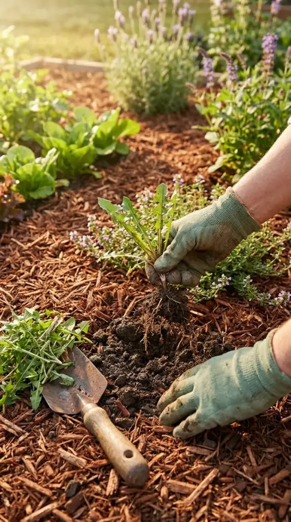 Effective garden help for weed control showing a gardener pulling a dandelion with roots from a mulched vegetable bed.