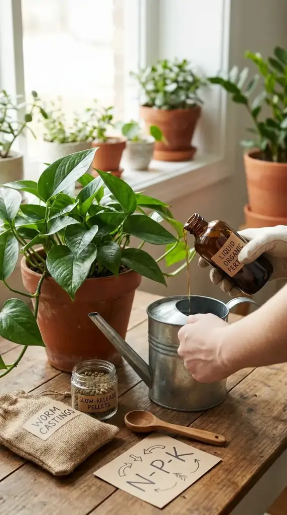 Expert garden help for beginners explaining how to use liquid organic fertilizer and worm castings for healthy indoor houseplants.