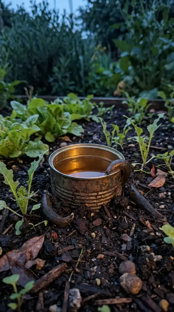 Eco-friendly garden help with household items showing a recycled tin can beer trap used to control slugs in a vegetable garden.
