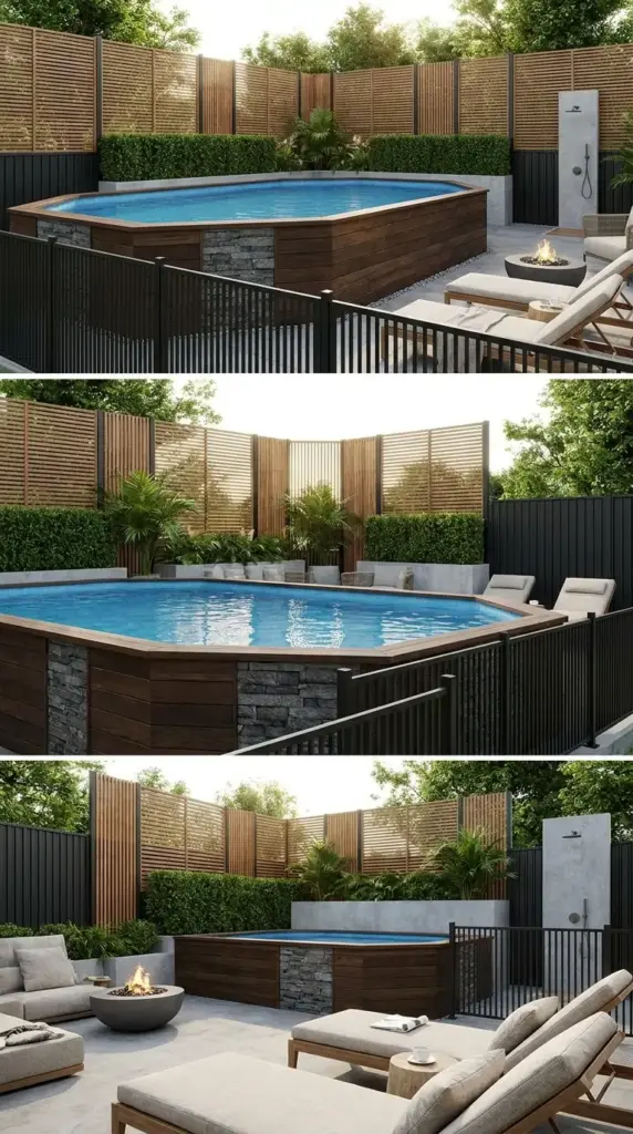 Pool privacy screen, fence, and hedge ideas for a resort-style above ground pool backyard