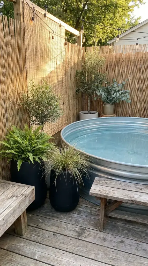 Stock tank pool with bamboo privacy screens for a rustic industrial backyard retreat