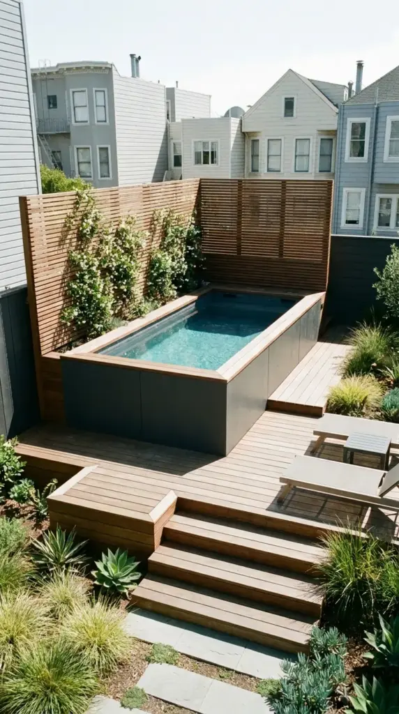 Compact plunge pool for a sloped yard with modern deck and small backyard pool ideas