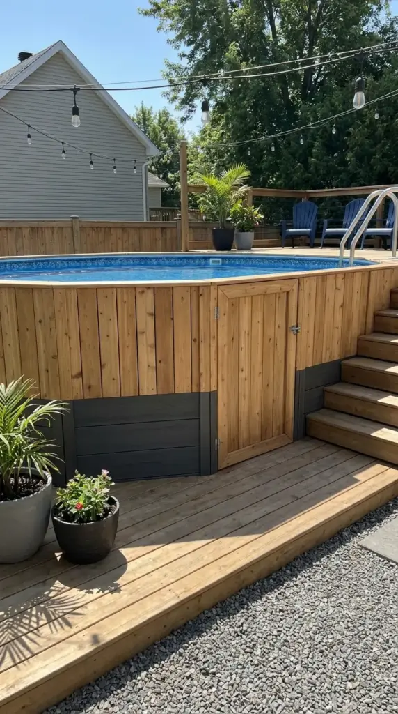 Cedar pool cladding and pool skirt ideas for hiding above ground pool walls in a chic backyard