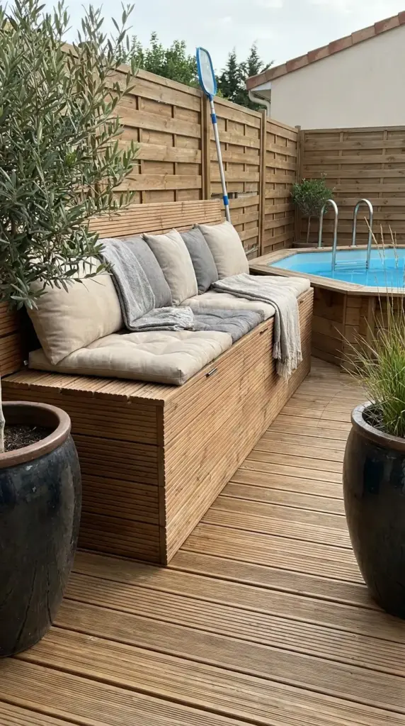 Built-in storage bench hiding above ground pool pump in a small backyard