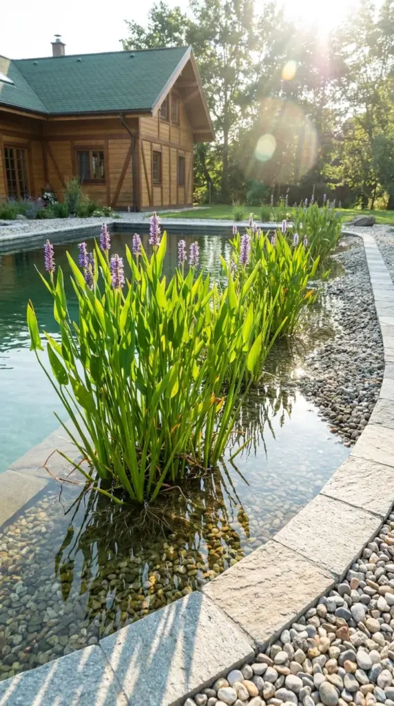 Pickerel rush on a natural pool edge supporting plant-based water filtration and nutrient absorption