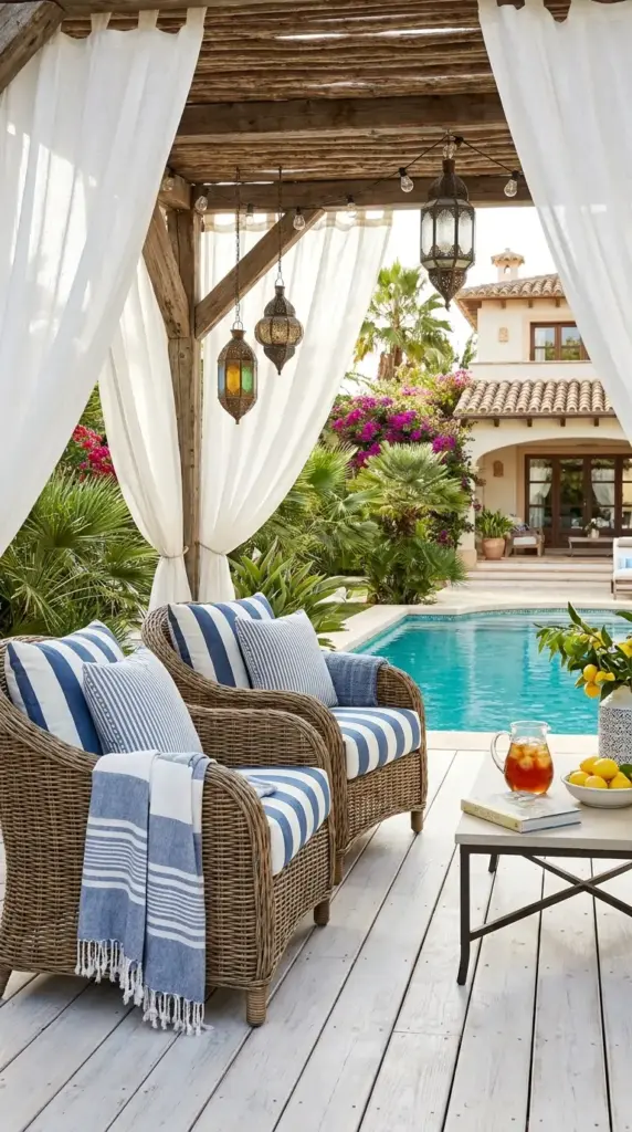 Blue and white cabana corner on a white wash wood deck with rattan furniture and poolside coastal decor