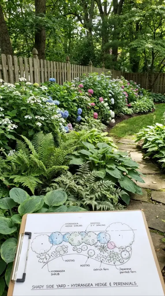 Hydrangea hedge spacing and layered shade garden design for a full non-leggy look