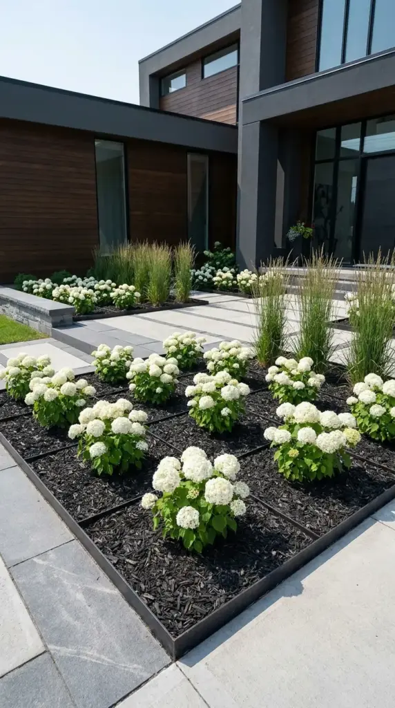 Modern front yard landscaping with white hydrangeas, clean lines, and minimalist curb appeal